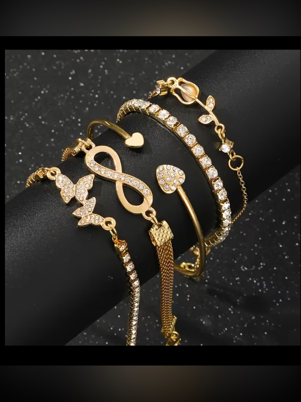 Gold Multi-Chain Bracelet Set with Crystals and Charms